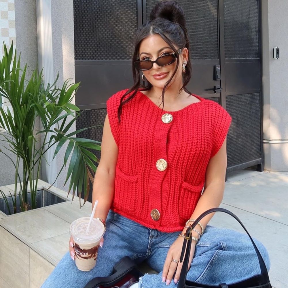 Red Knit Button-Front Sleeveless Top